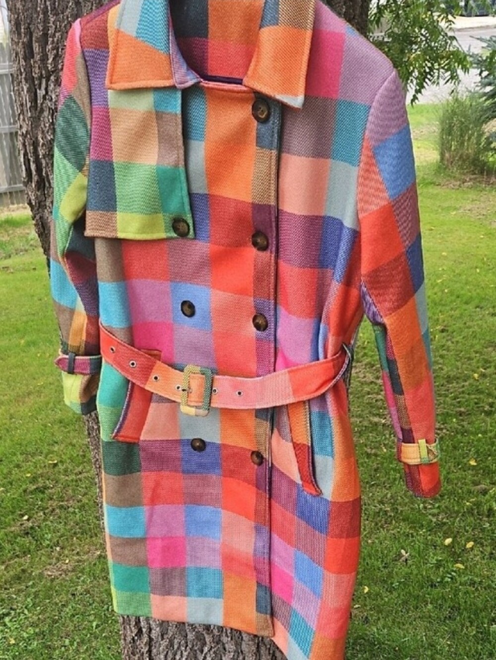Neon Check Plaid Trench Coat - Vibrant Multicolored Jacket!